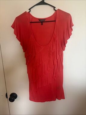 Nicole Miller Red Short-Sleeve Ruffle Scoop Neck Tee